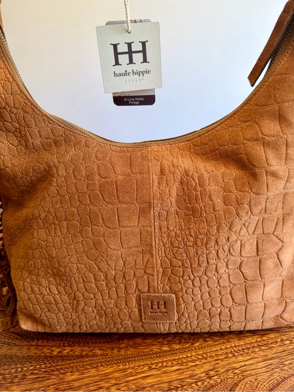Haute Hippie Cognac Suede Croc-Embossed Fringe Hobo Shoulder Bag - Picture 2 of 10